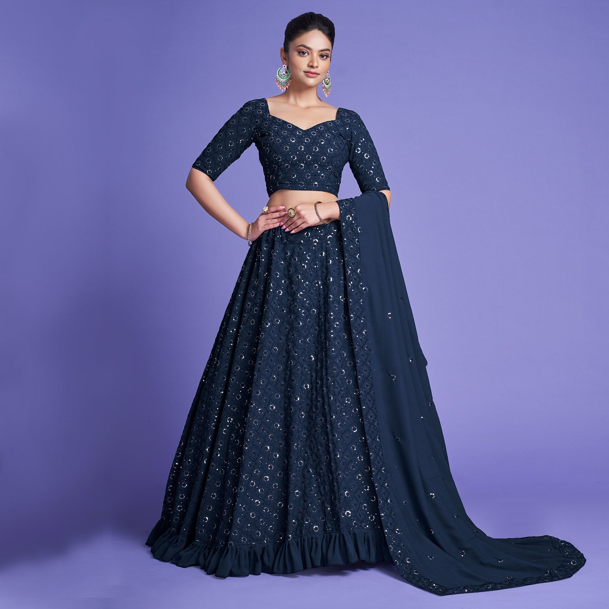 Teal Blue Sequins Embroidered Georgette Lehenga Choli