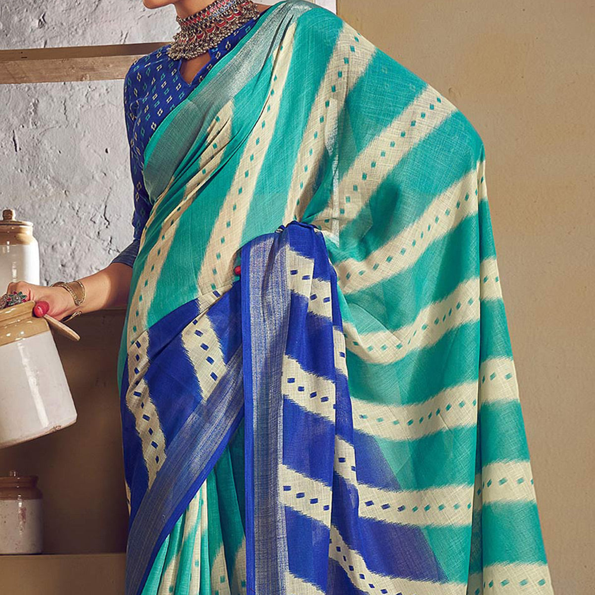 Rama Green & Blue Printed With Zari Border Linen Saree