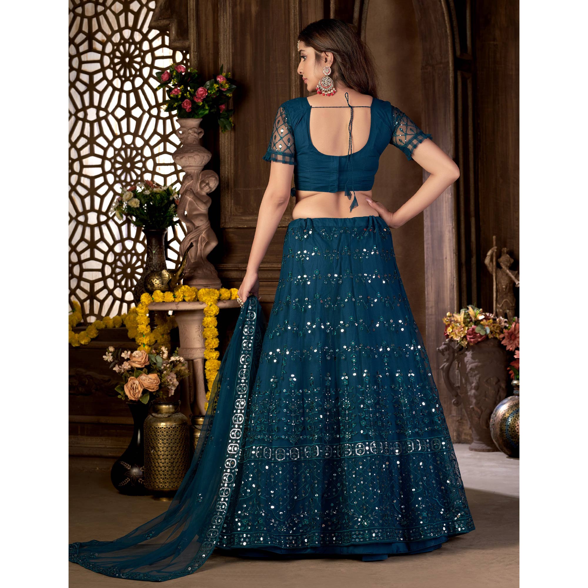 Teal Blue Sequins Embroidered Netted Lehenga Choli