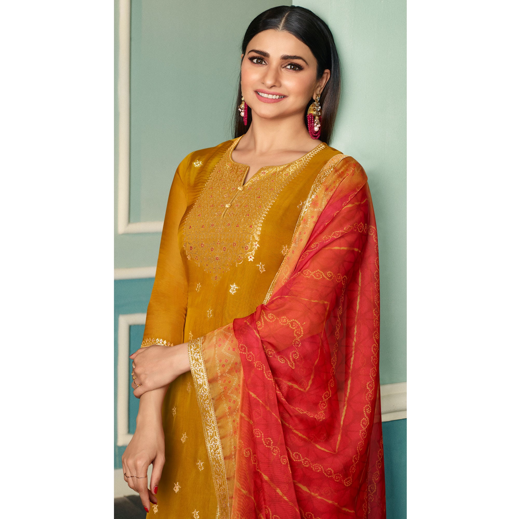 Mustard Floral Woven Organza Salwar Suit