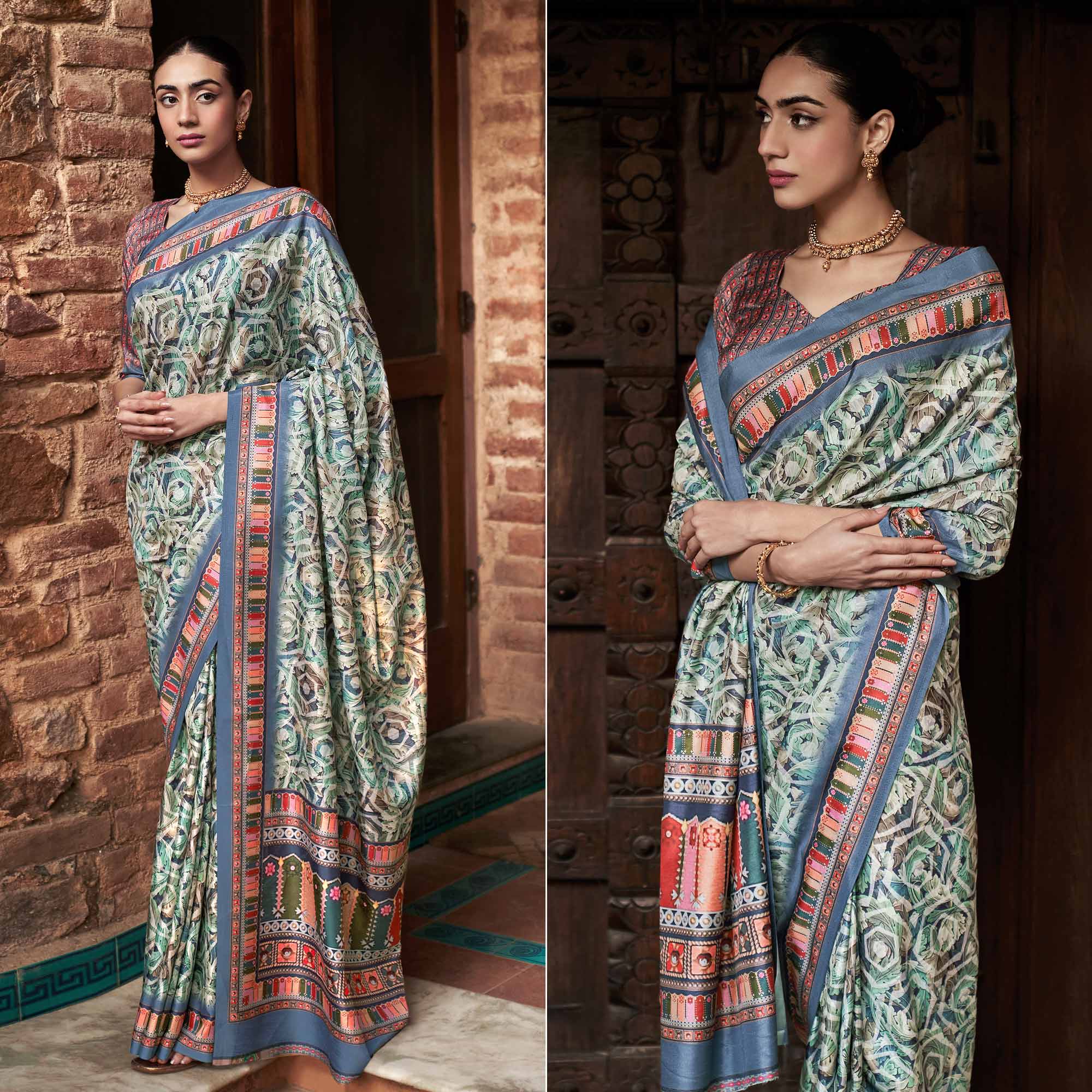 Green Digital Printed Satin Saree