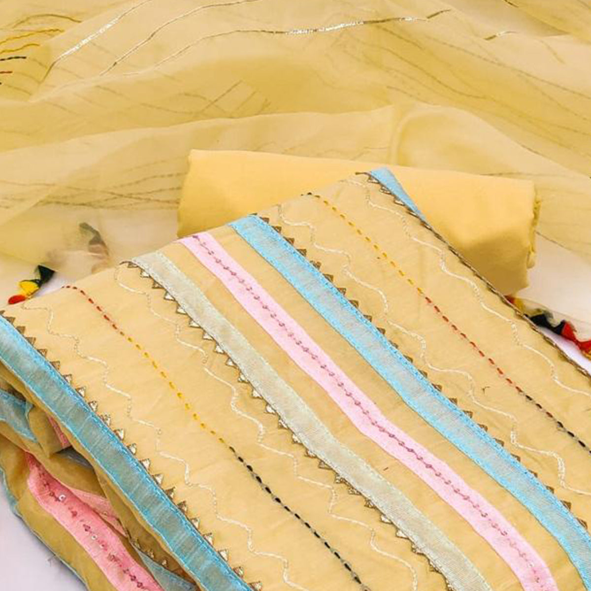 Yellow Sequins Embroidered  Chanderi Dress Material