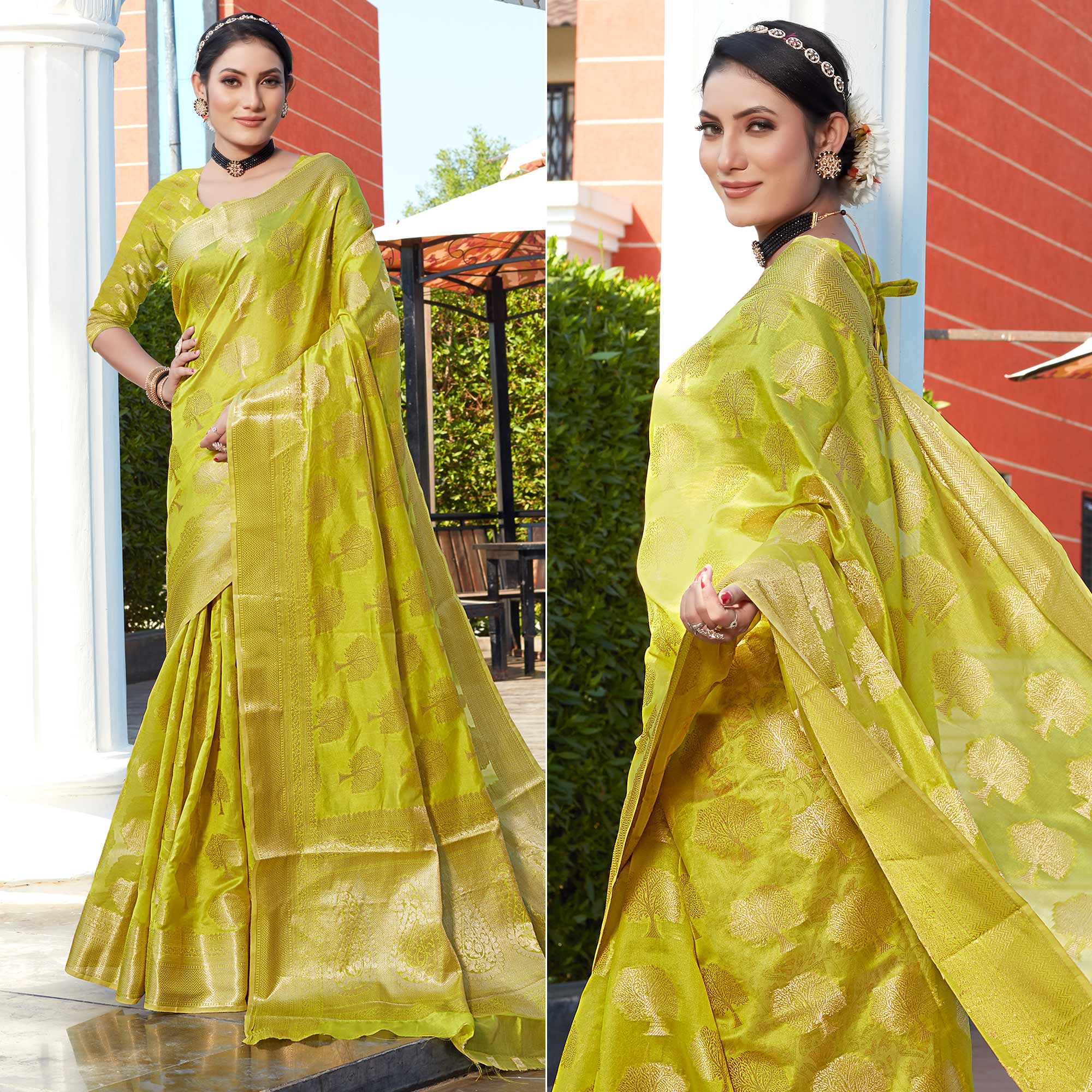 Lemon Green Woven Organza Saree