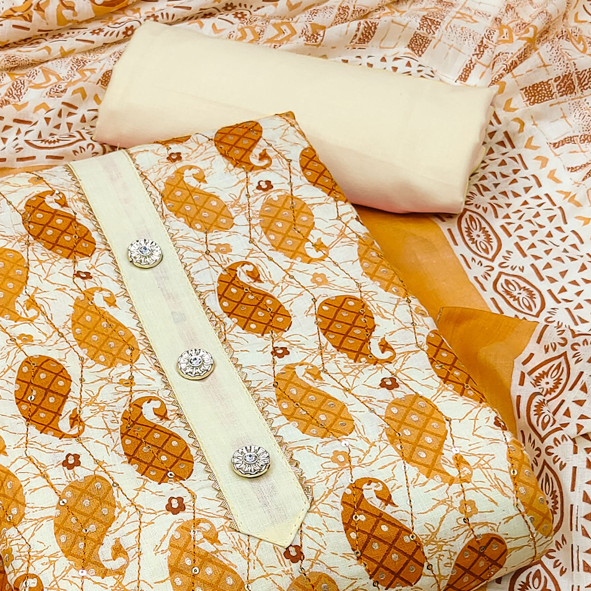 Mustard Printed Pure Cotton Dress Material
