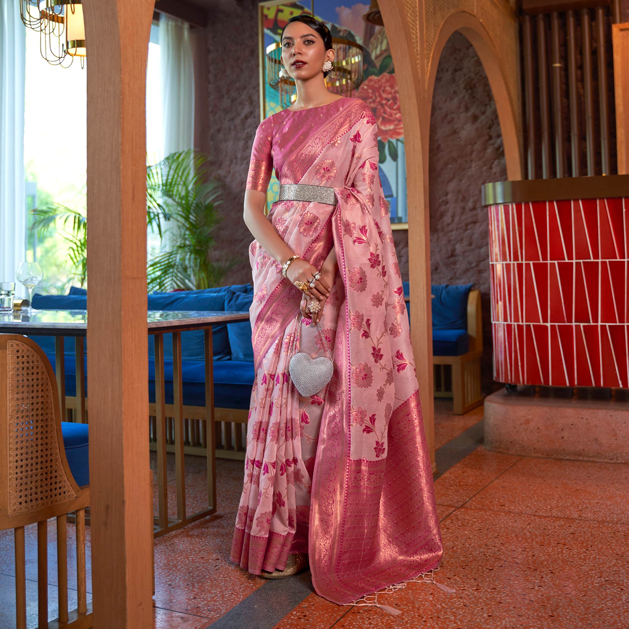 Pink Woven Organza Saree With Tassels