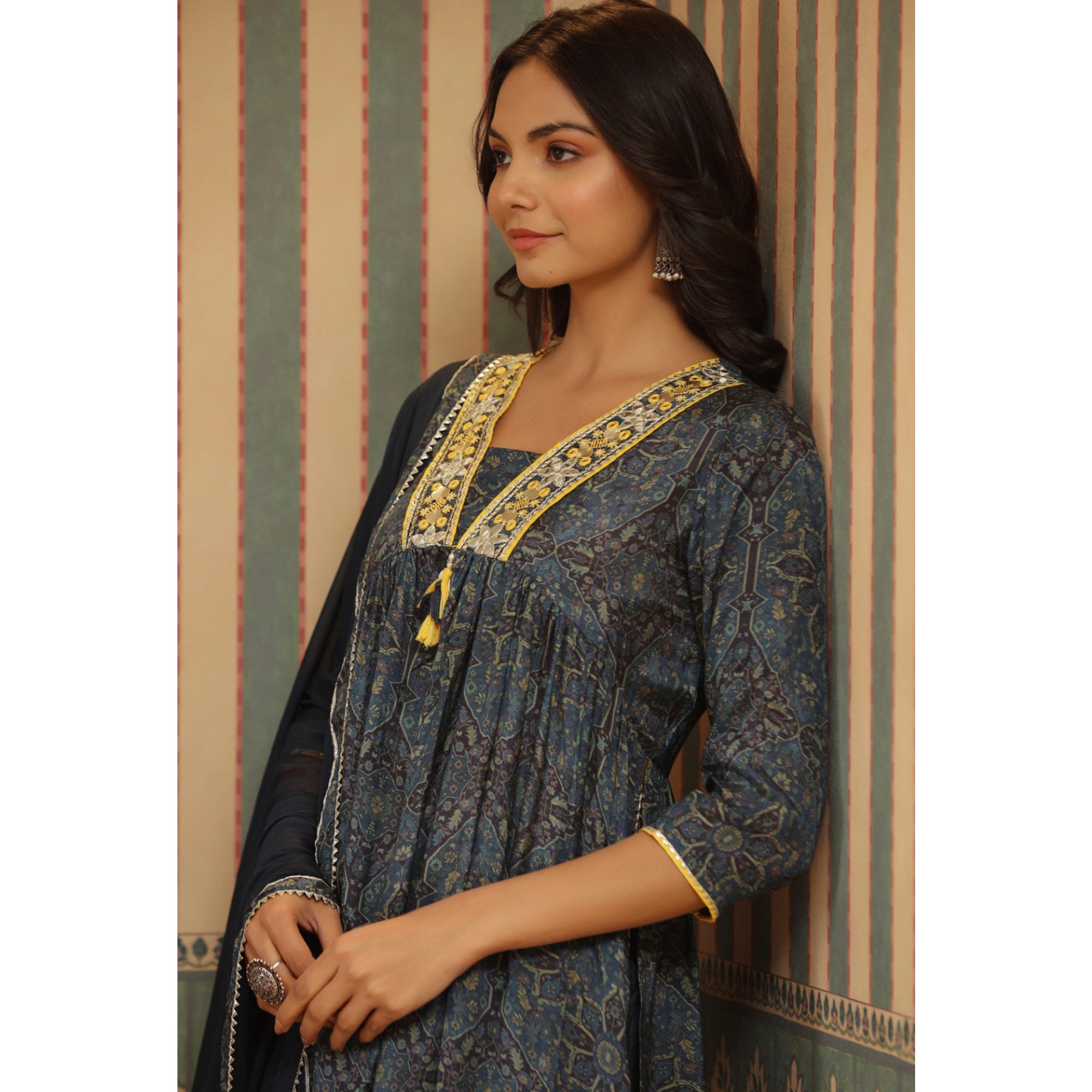 Blue Floral Printed Muslin Naira Cut Suit