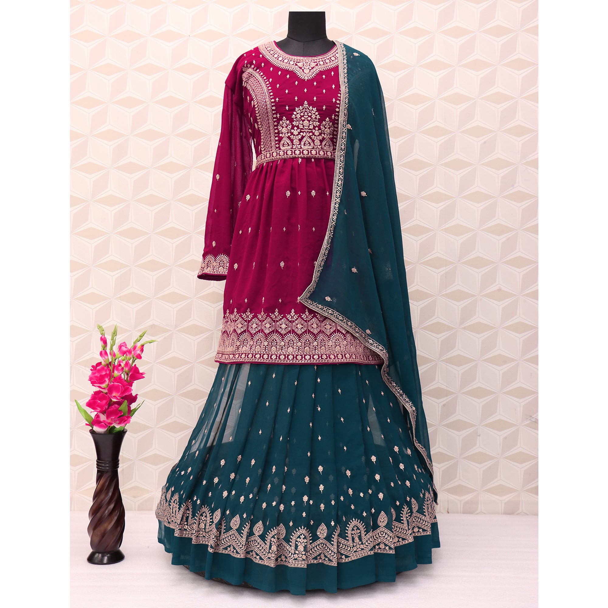 Pink Floral Embroidered Georgette Sharara Suit