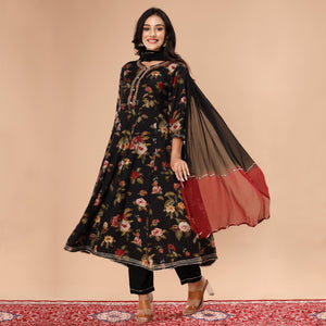 Black Floral Printed And Gota Work Muslin Anarkali Suit