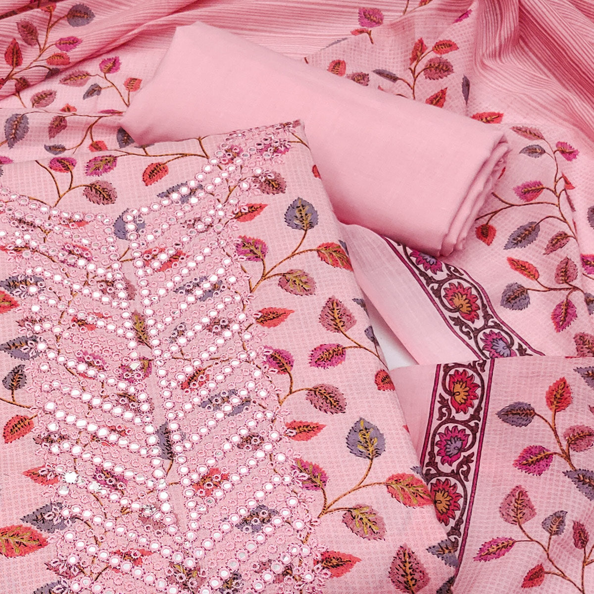Pink Floral Printed-Mirror Work Pure Cotton Dress Material