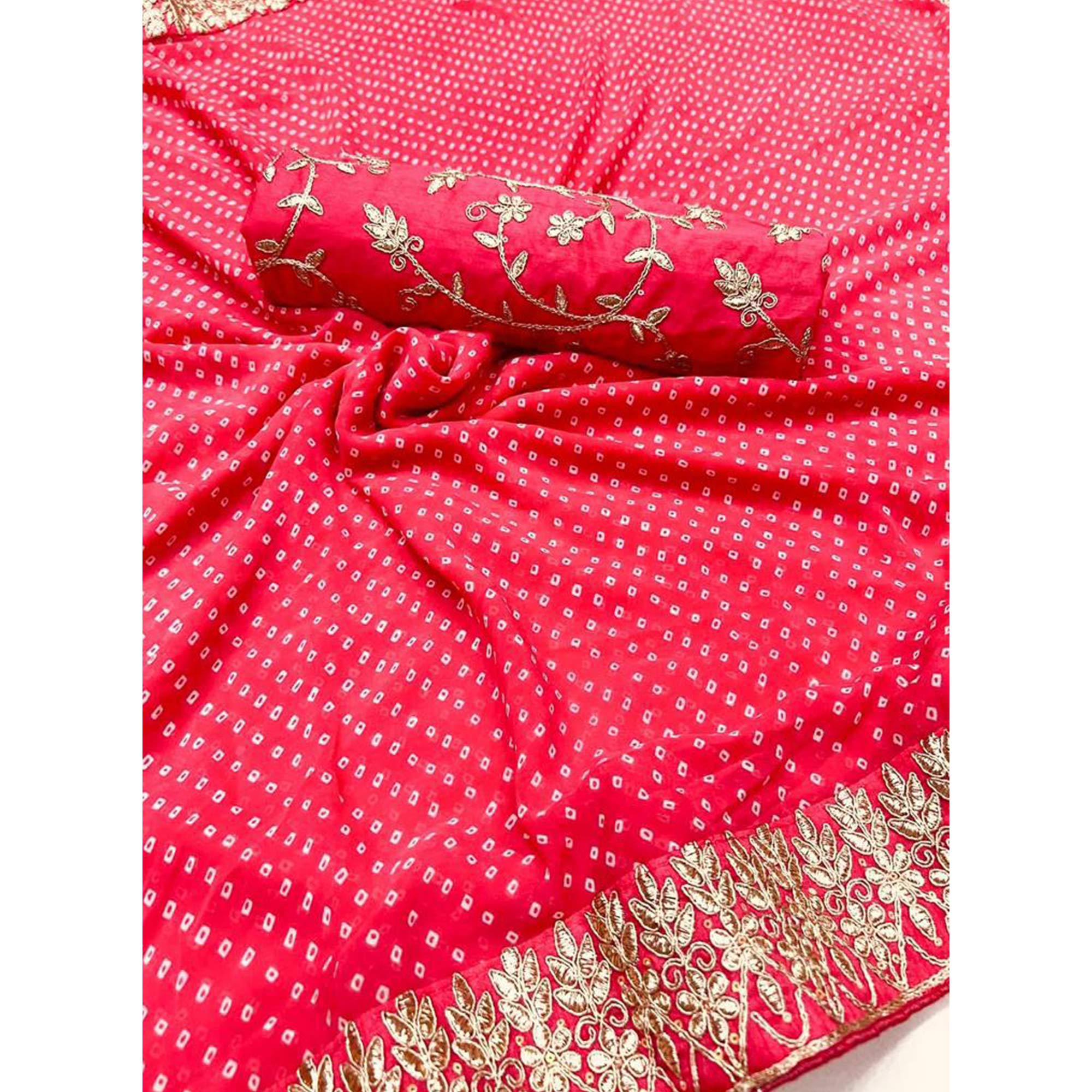 Pink Bandhani Printed With Embroidered Border Georgette Saree