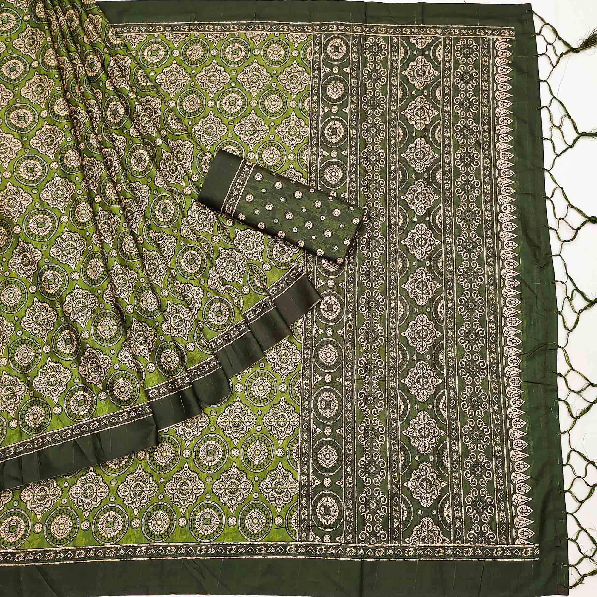 Green Floral Digital Printed Tussar Silk Saree With Tassels