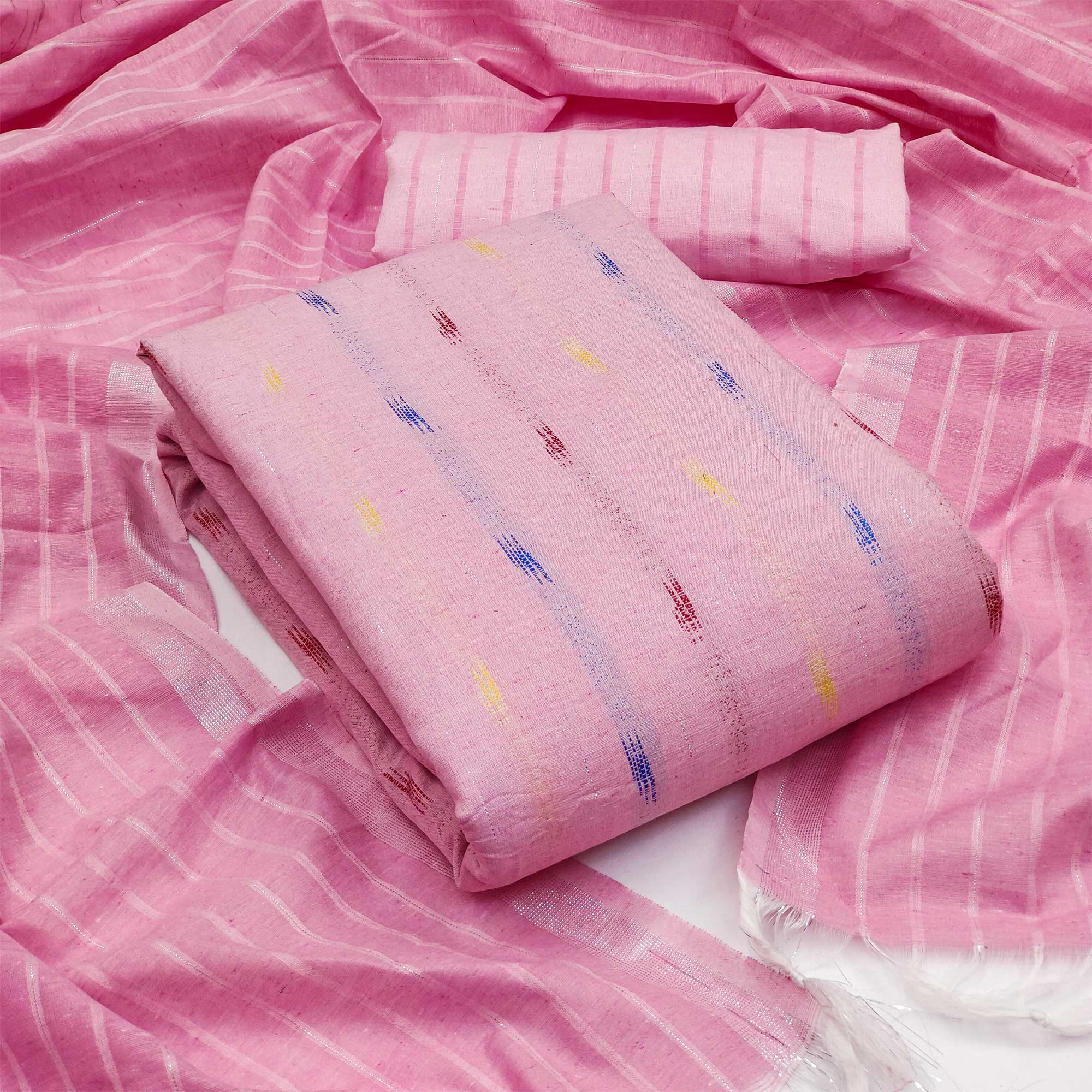 Pink Woven Cotton Blend Dress Material