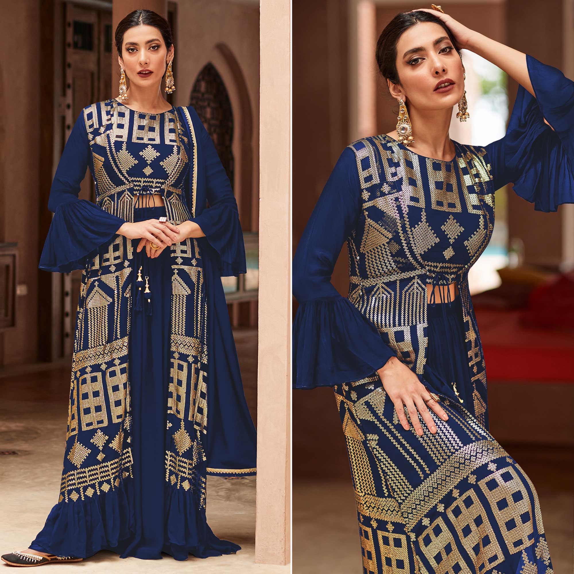 Blue Sequins Embroidered Georgette Sharara Choli With Jacket