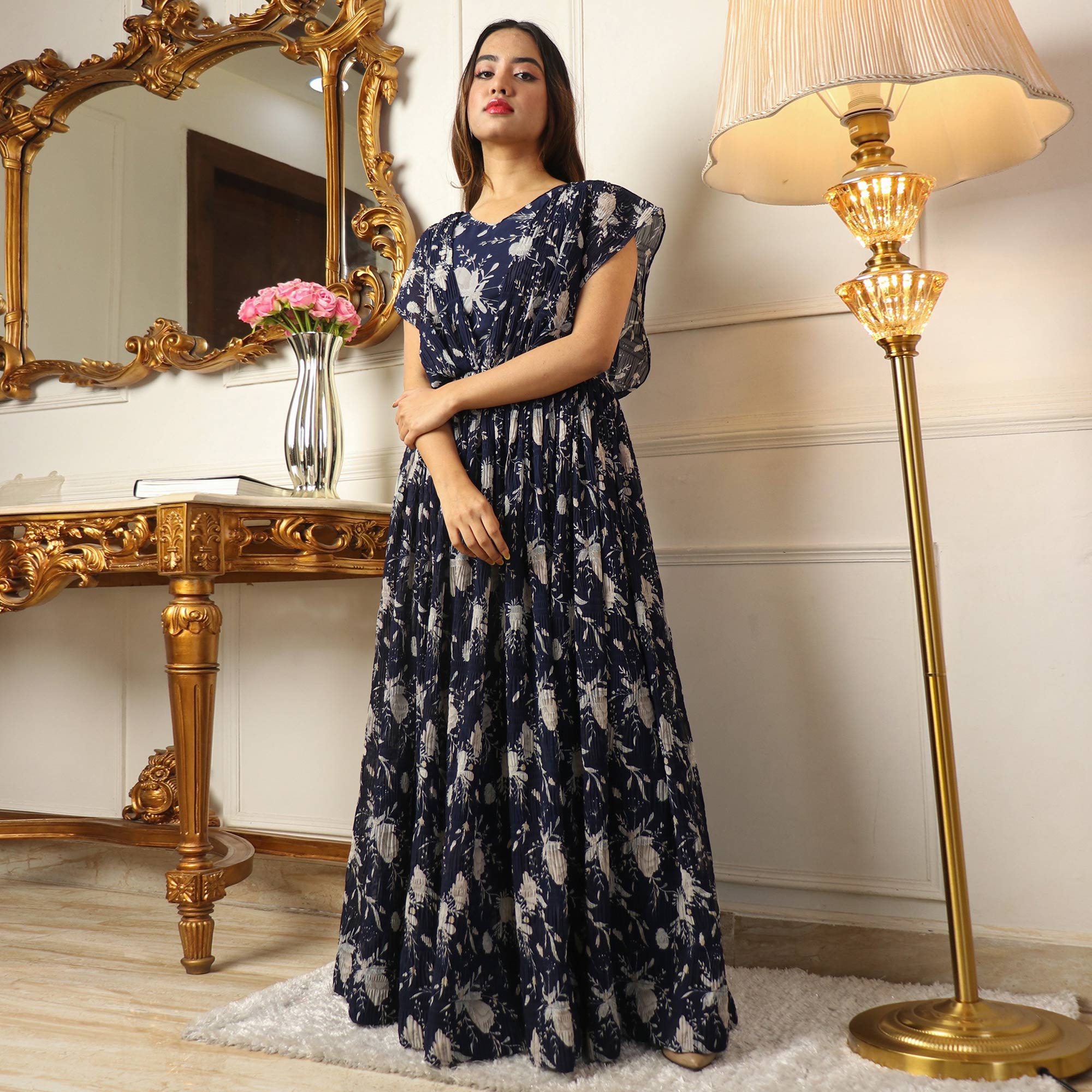 Blue Floral Printed Georgette Gown