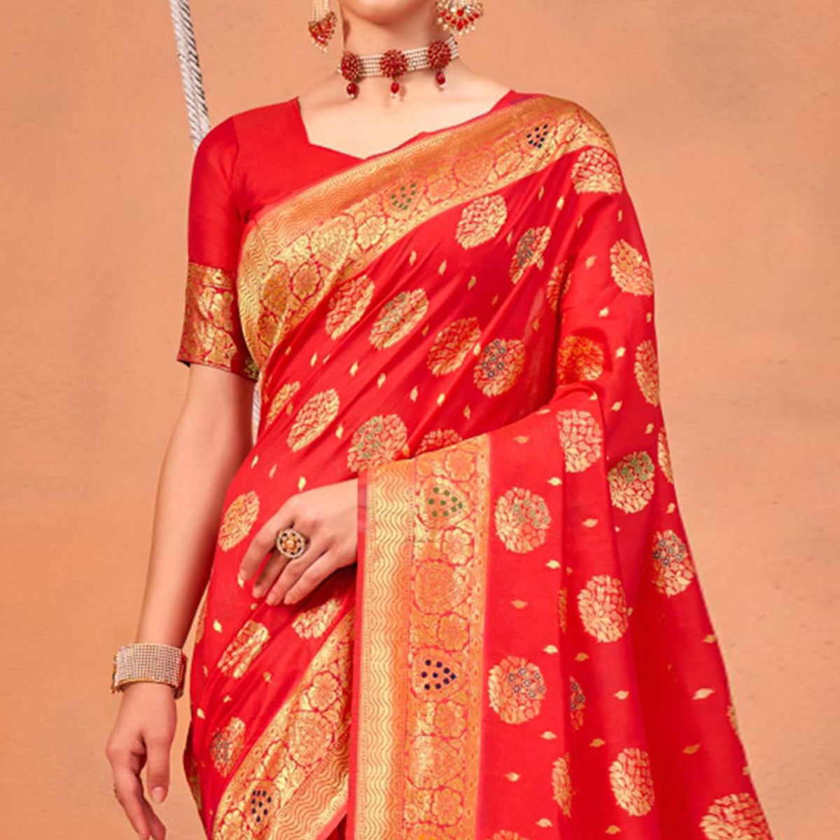 Red Floral Woven Art Silk Saree