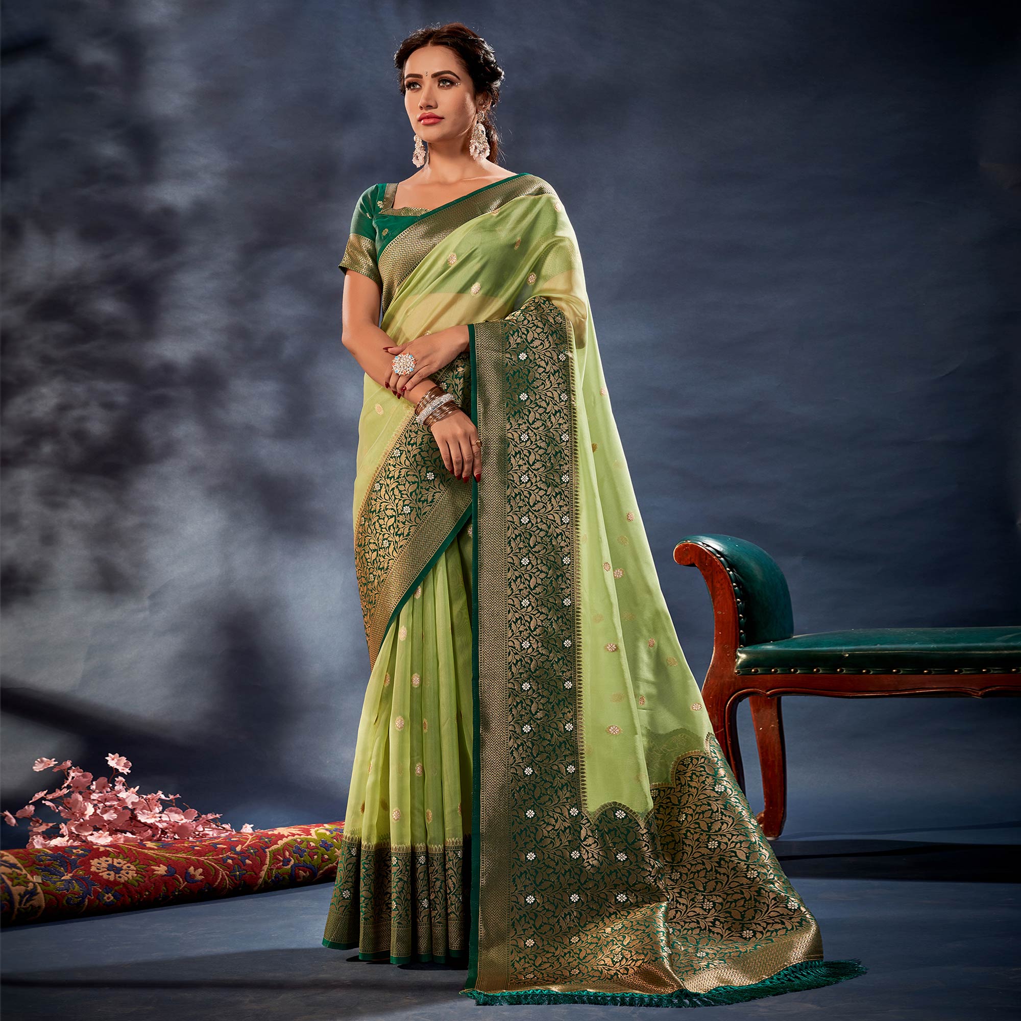 Green Woven Organza Saree