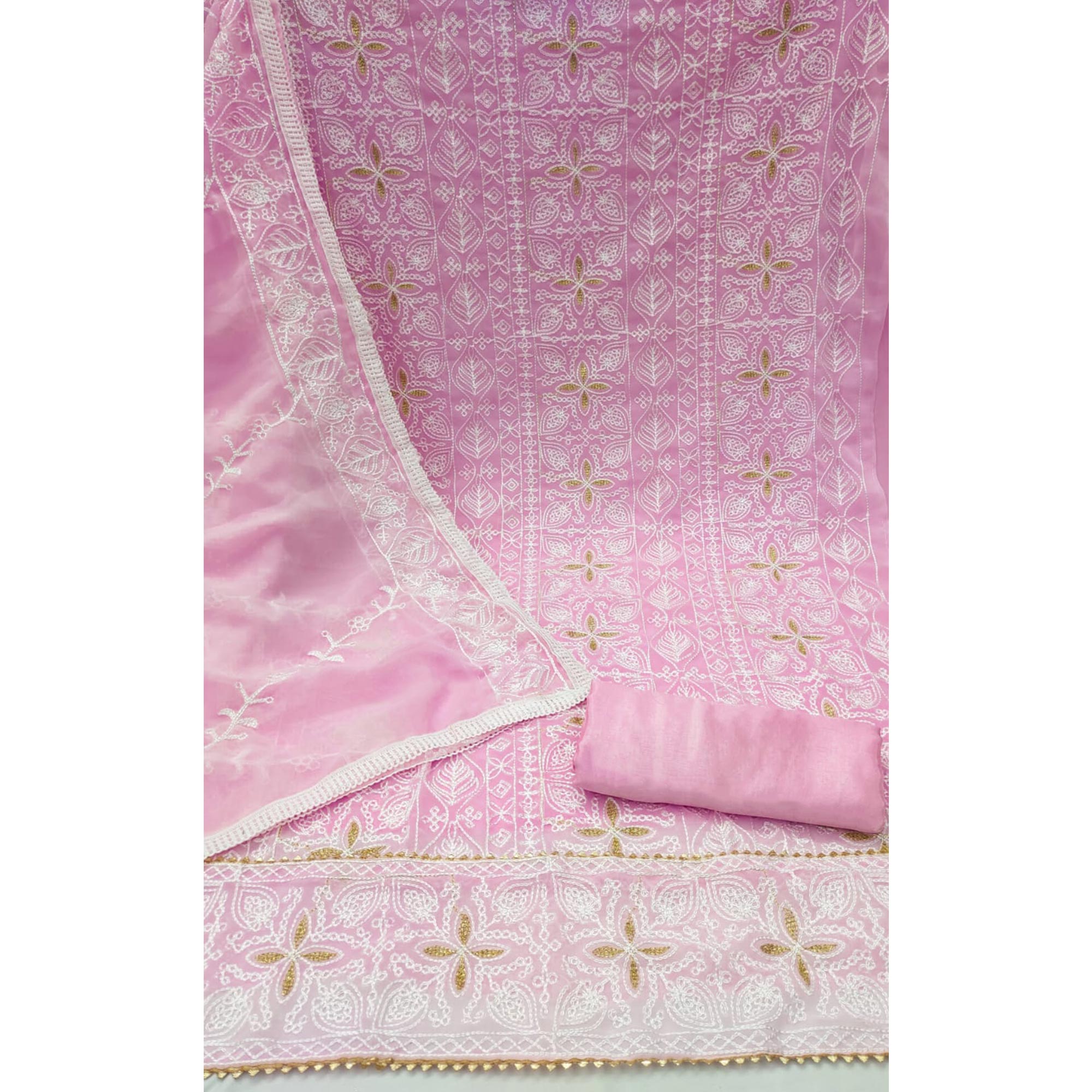 Pink Floral Embroidered Georgette Dress Material