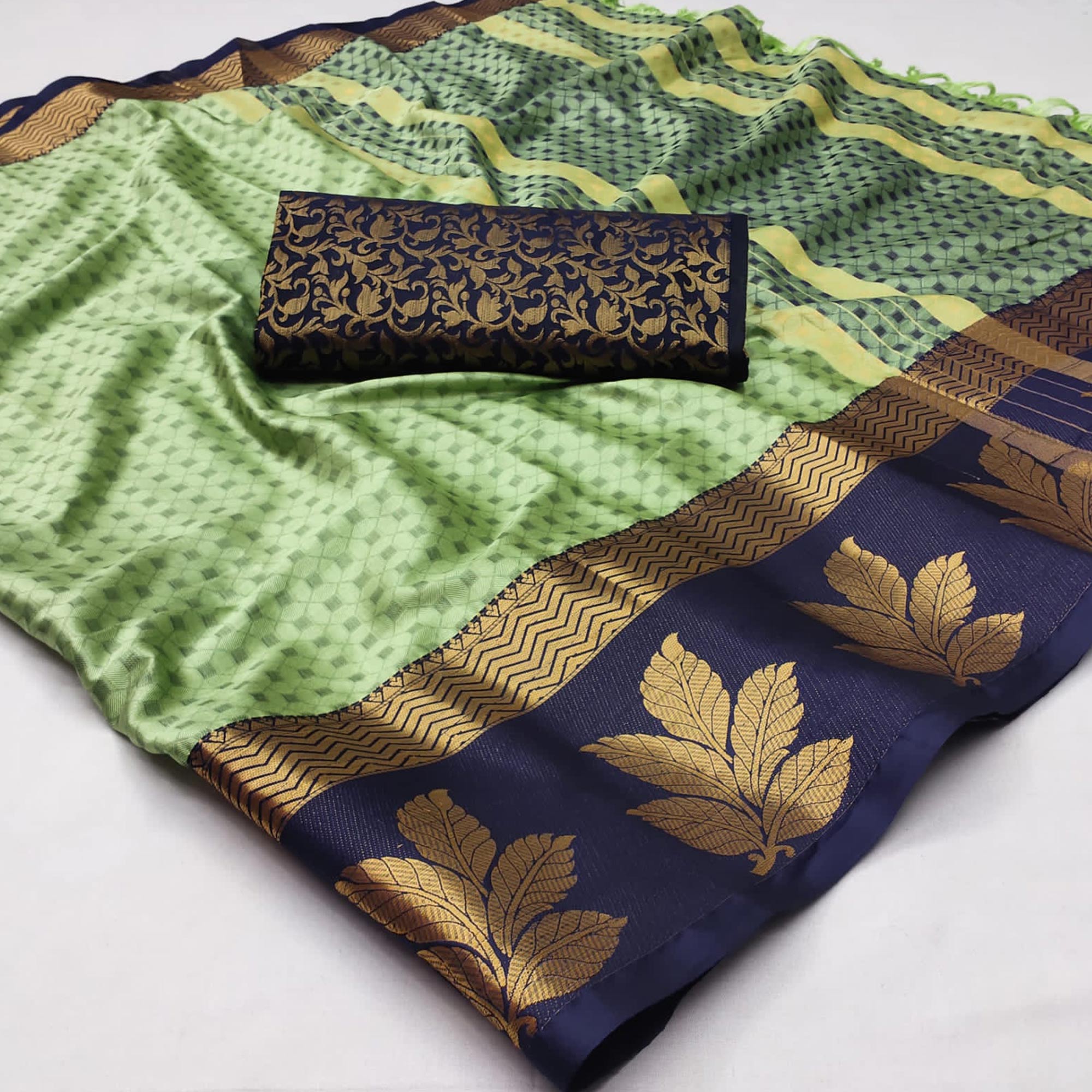 Pista Green Woven Cotton Silk Saree With Tassels