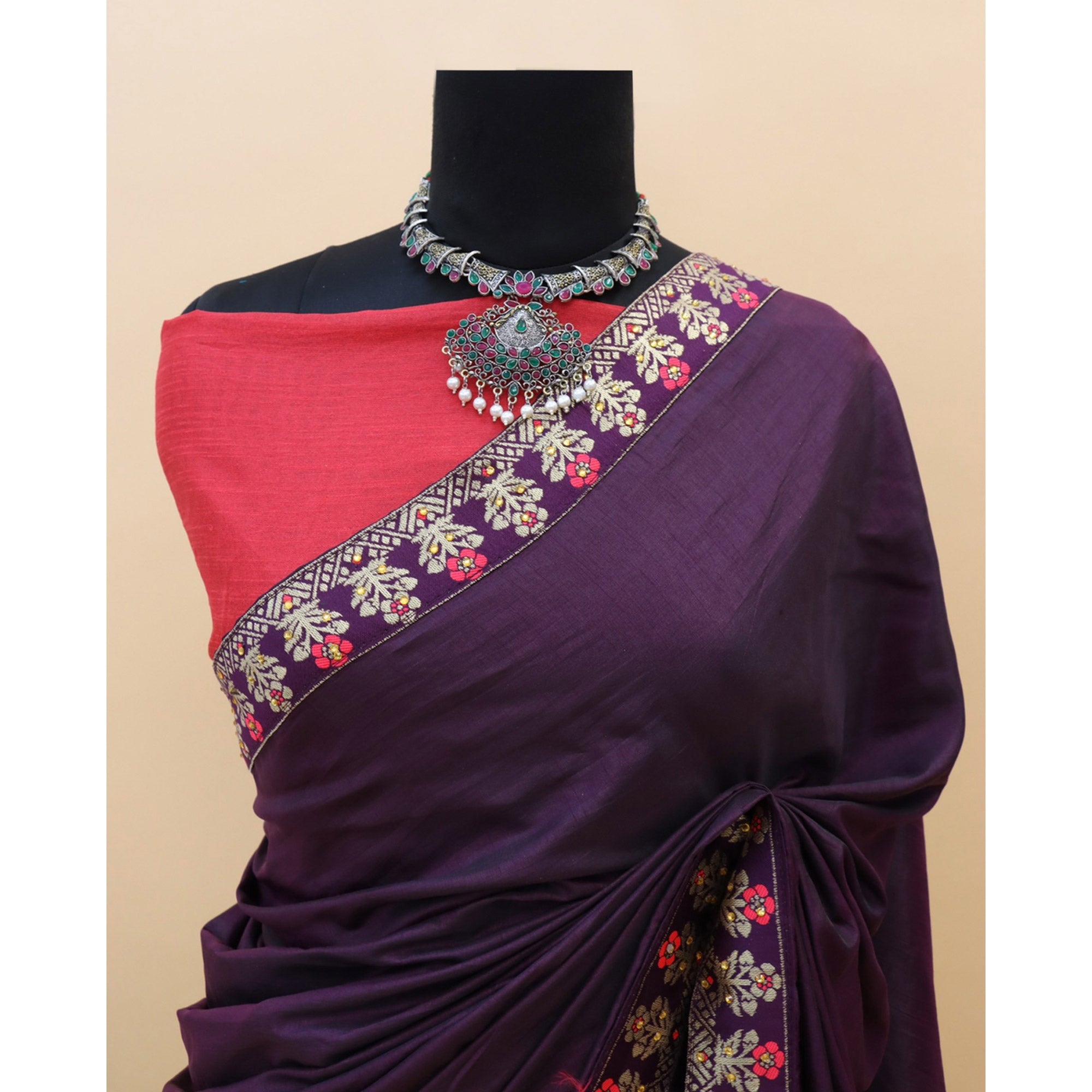 Wine Woven With Stone Work Art Silk Saree