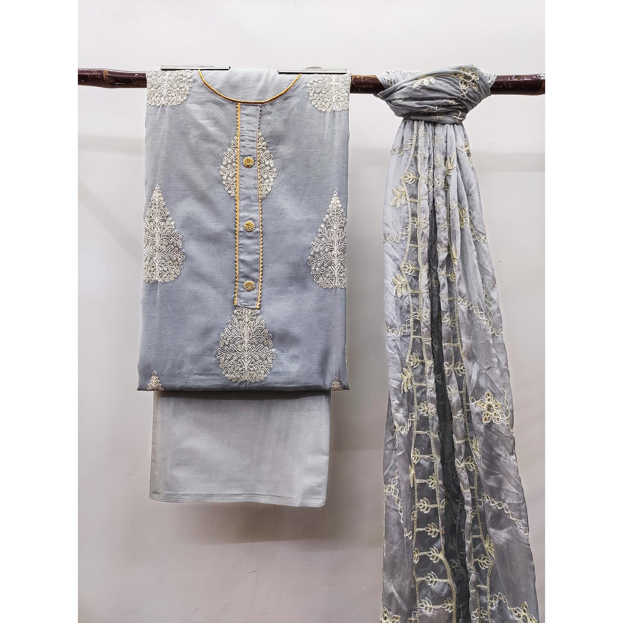 Grey Embroidered Chanderi Dress Material