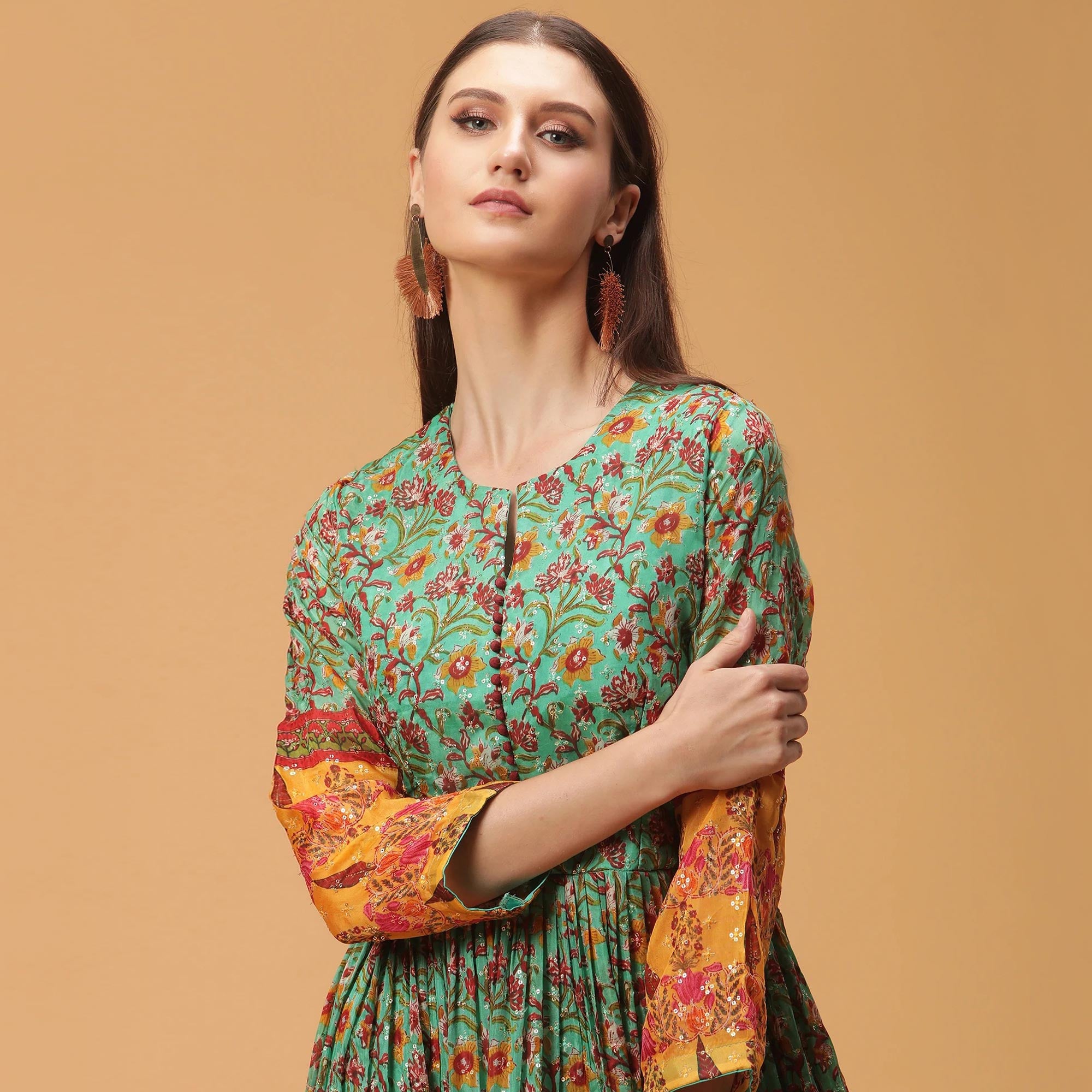 Green Digital Printed Dola Silk Gown