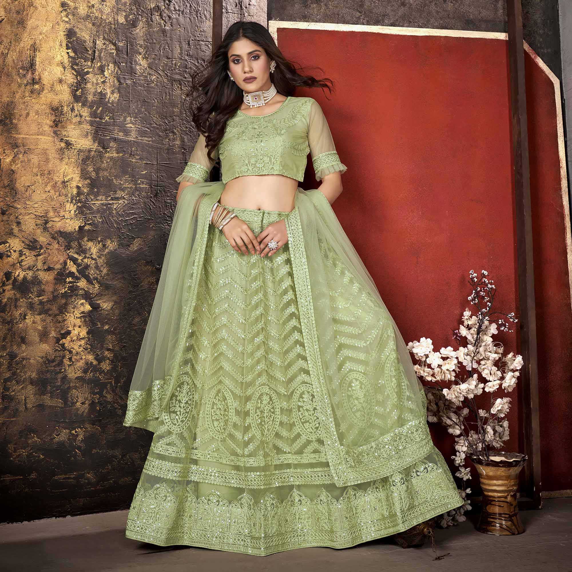 Peach & Mint Embroidered Lehenga Set Design by ITRH at Pernia's Pop Up Shop  2024