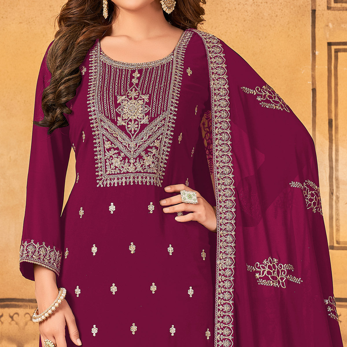 Magenta Pink Floral Embroidered Georgette Salwar Suit