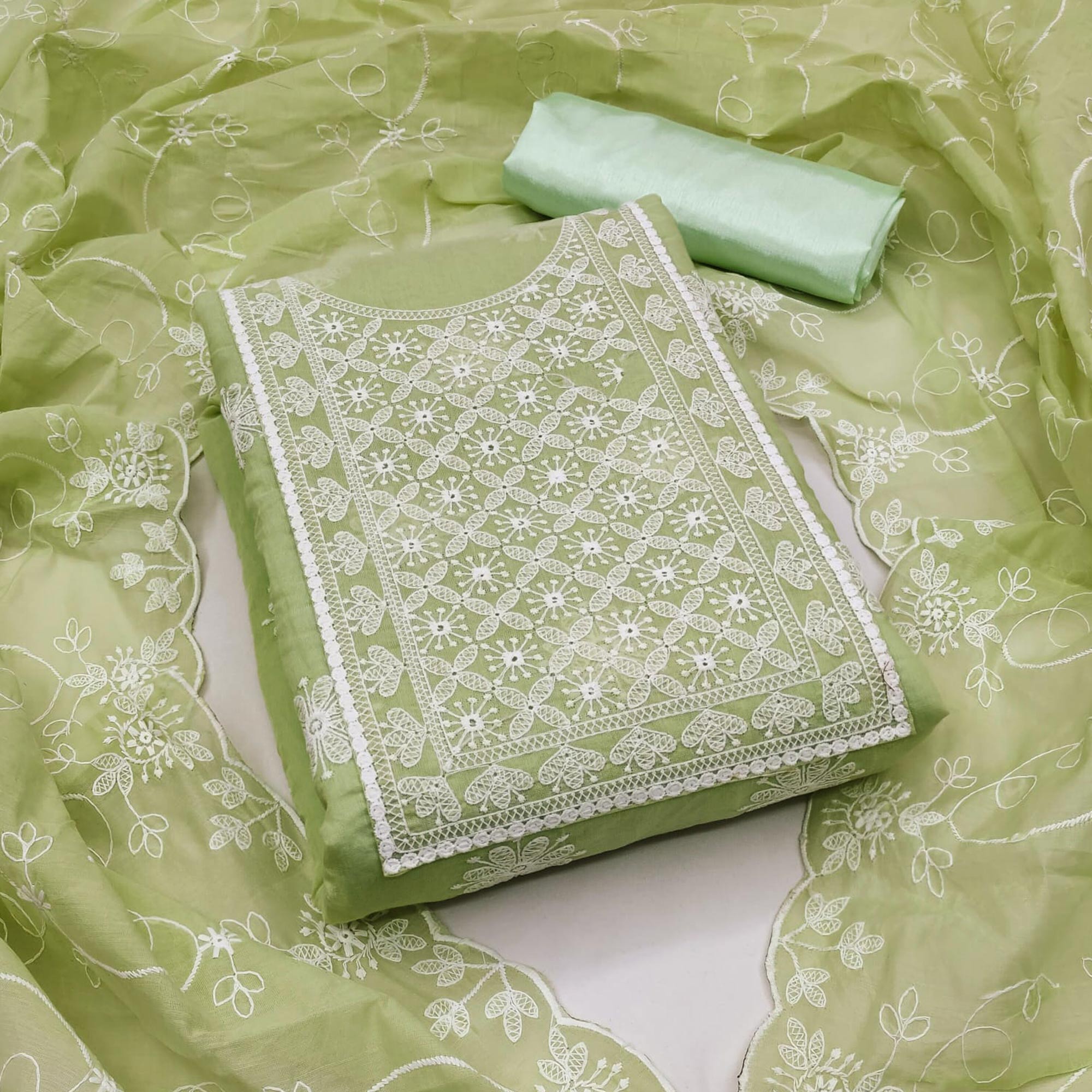 Green Floral Embroidered Chanderi Dress Material