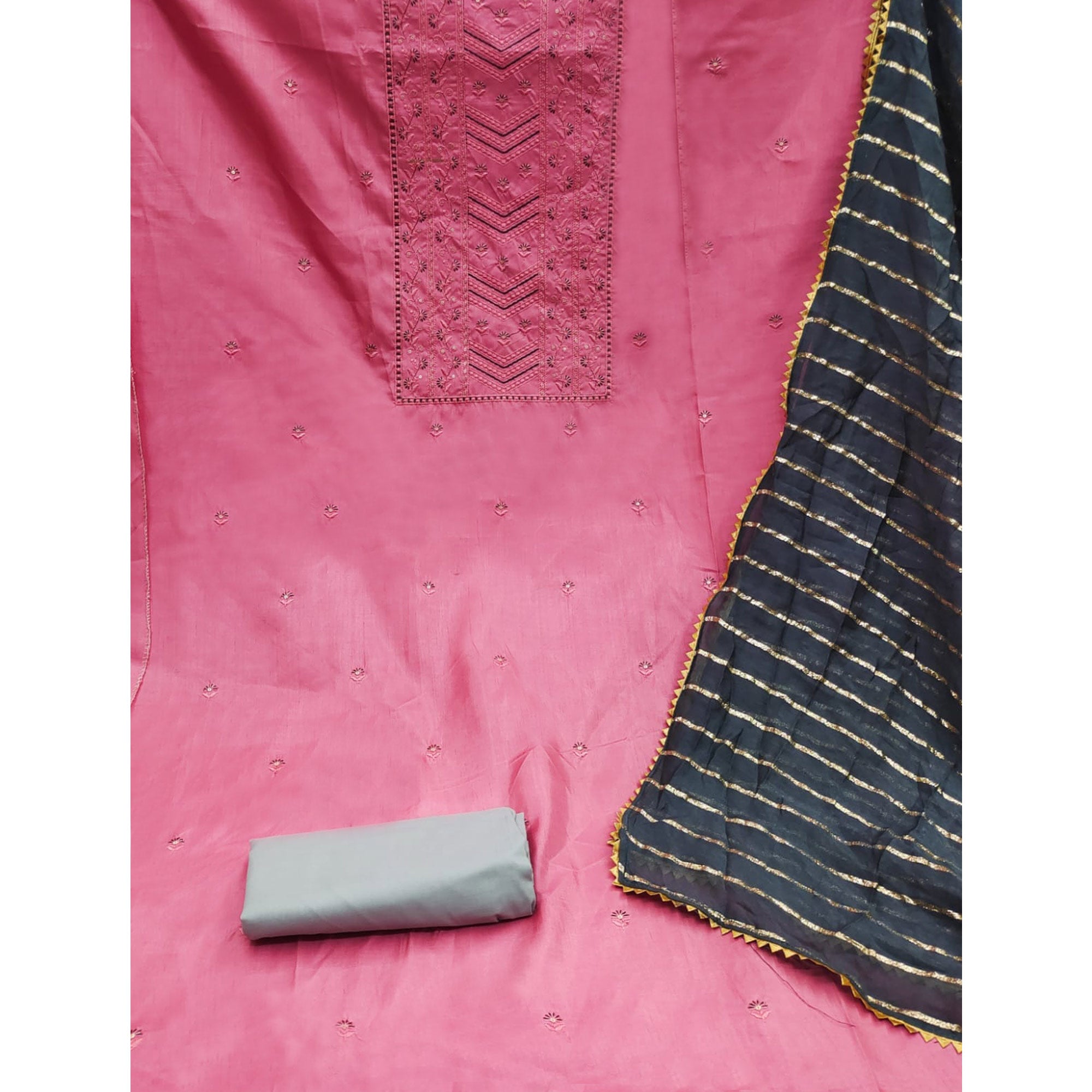 Gajari Pink Floral Sequins Embroidered Raw Silk Dress Material