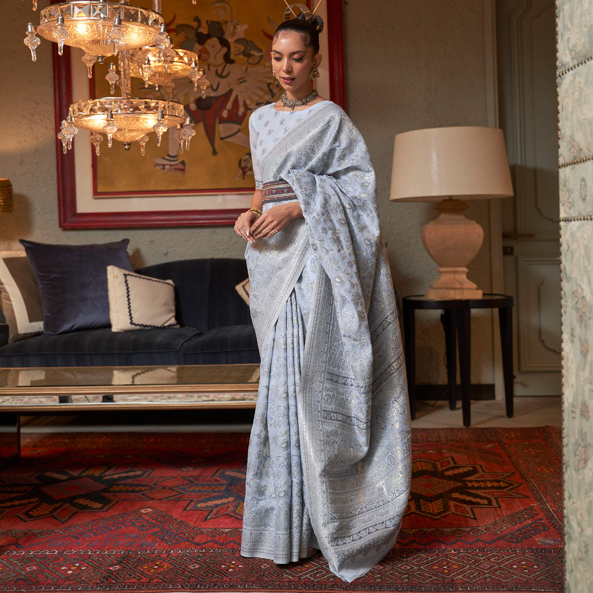 Pastle Grey Floral Woven Modal Saree With Tassels