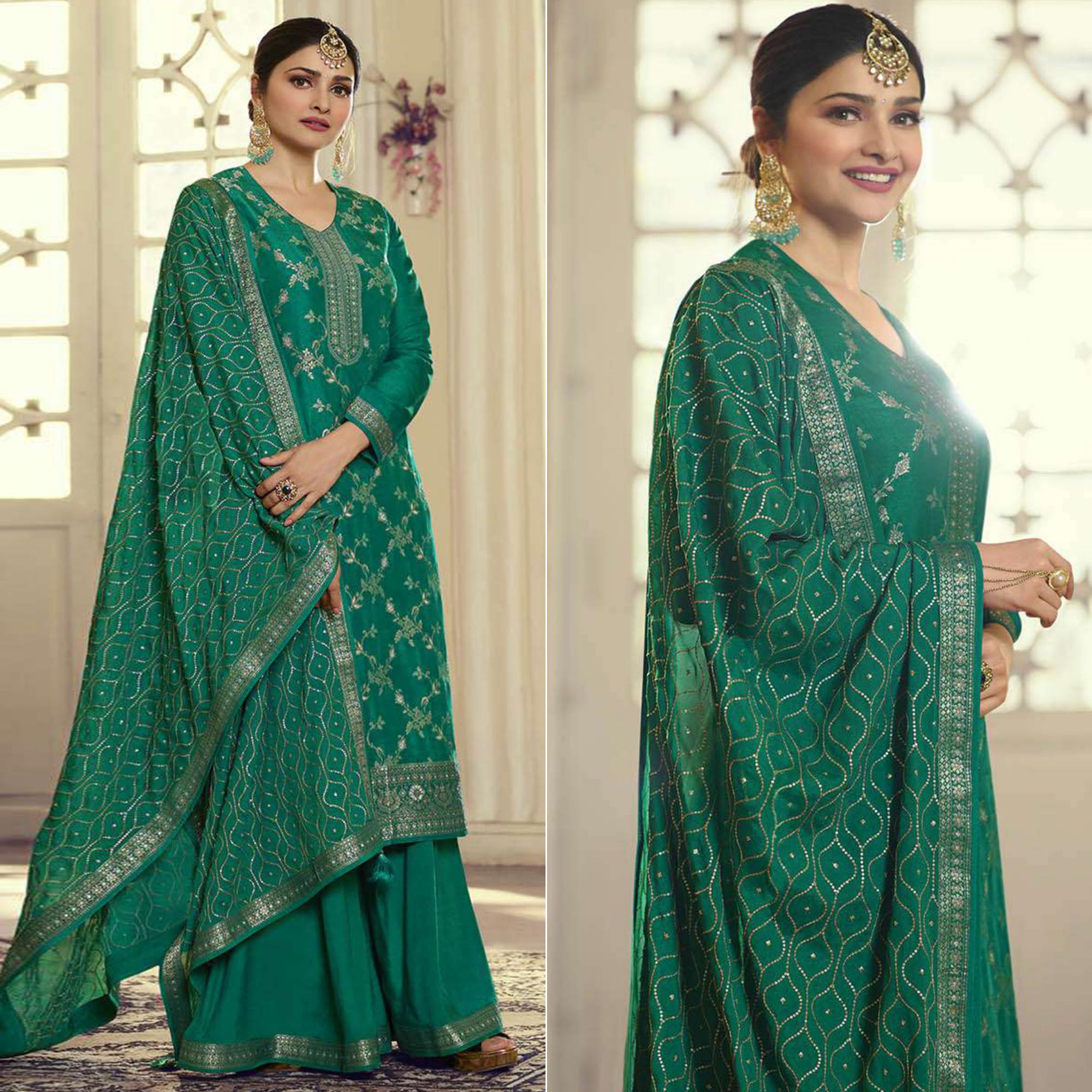 Green Embroidered Dola Silk Palazzo Suit