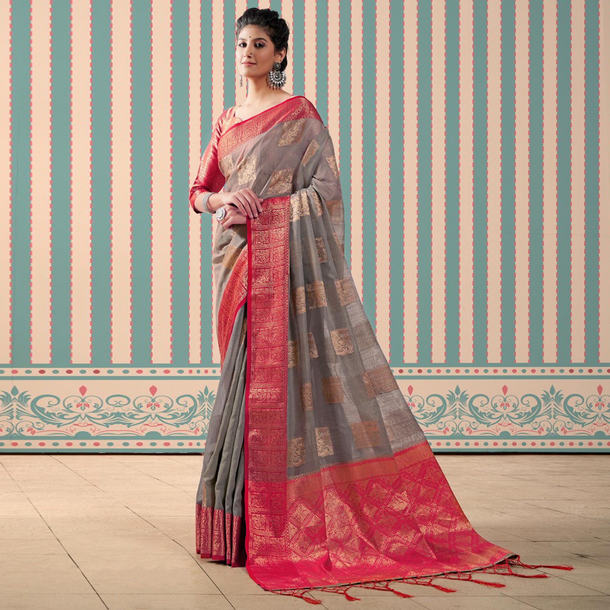 Grey Woven Linen Saree With Tassels