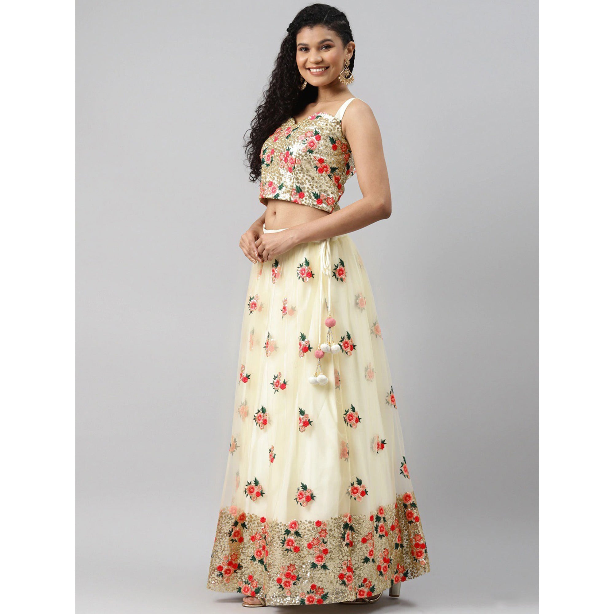 Cream Floral Embroidered Netted Lehenga Choli