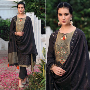 Black Floral Woven Muslin Salwar Suit