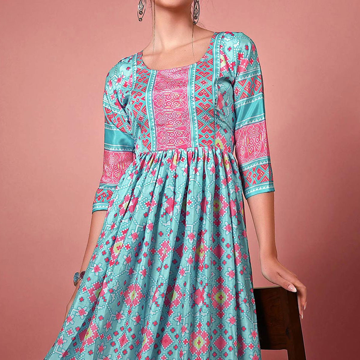 Sky Blue Digital Printed Chiffon Long Kurti