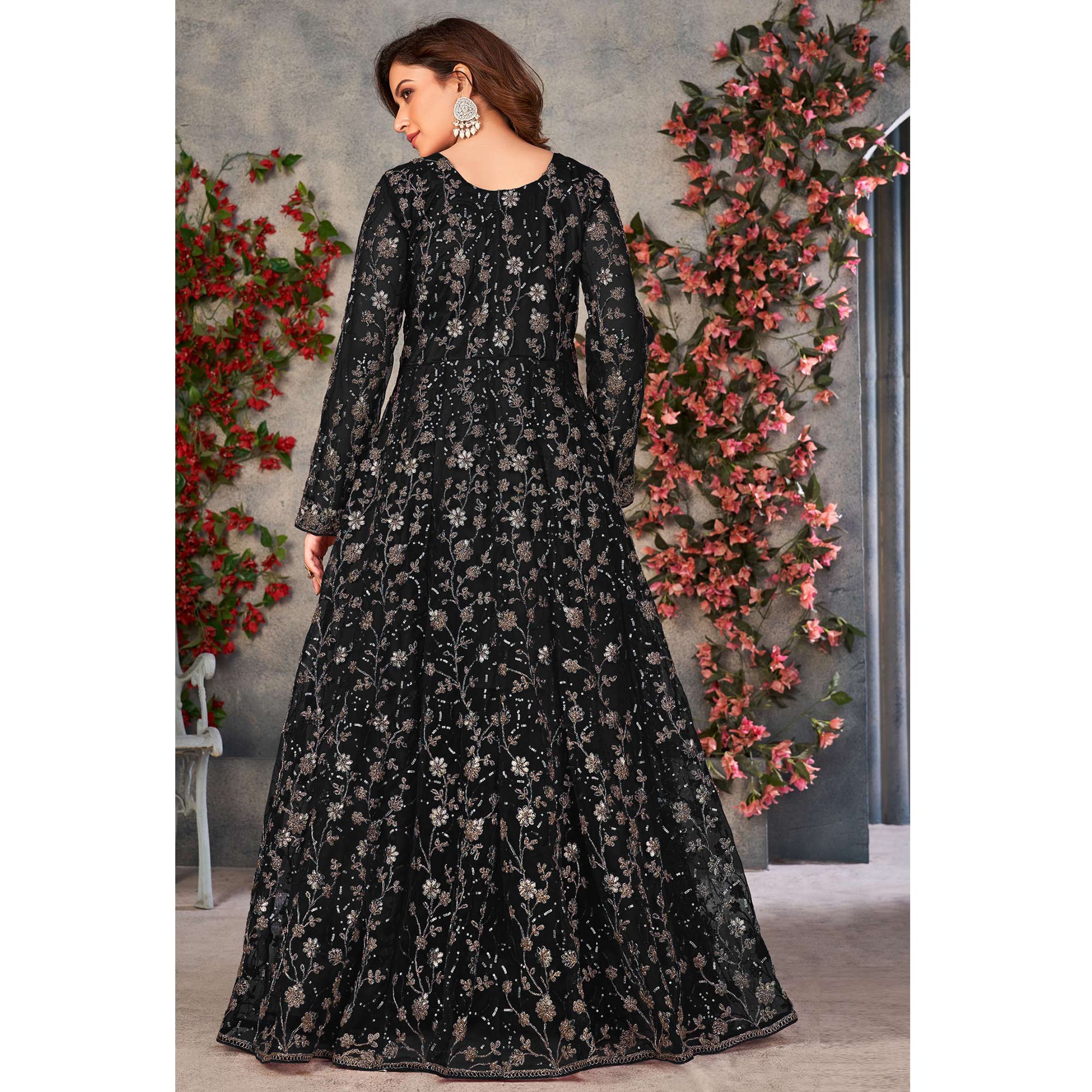 Black Zardosi Work Netted Gown