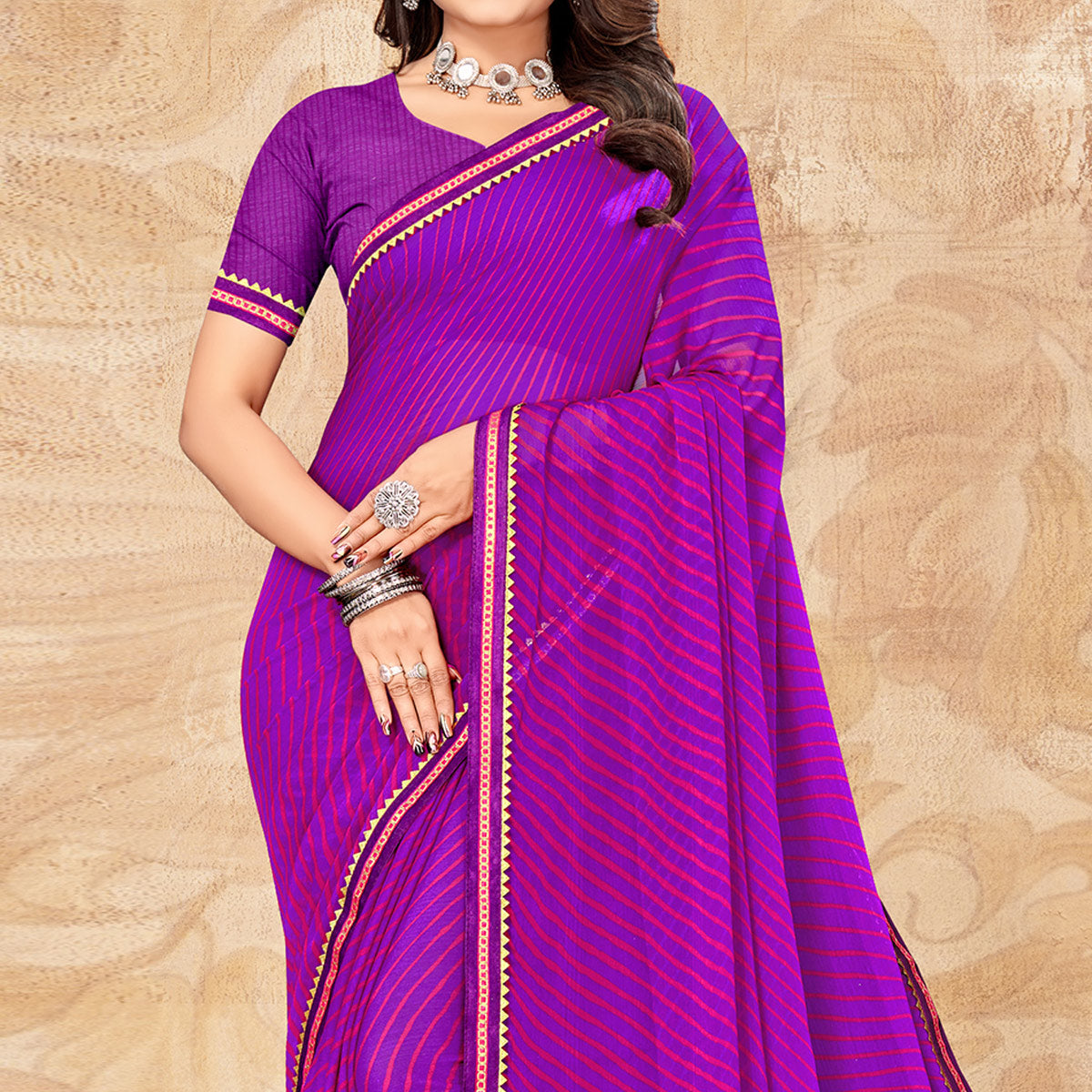 Purple Digital Striped Printed Chiffon Saree With Tassels