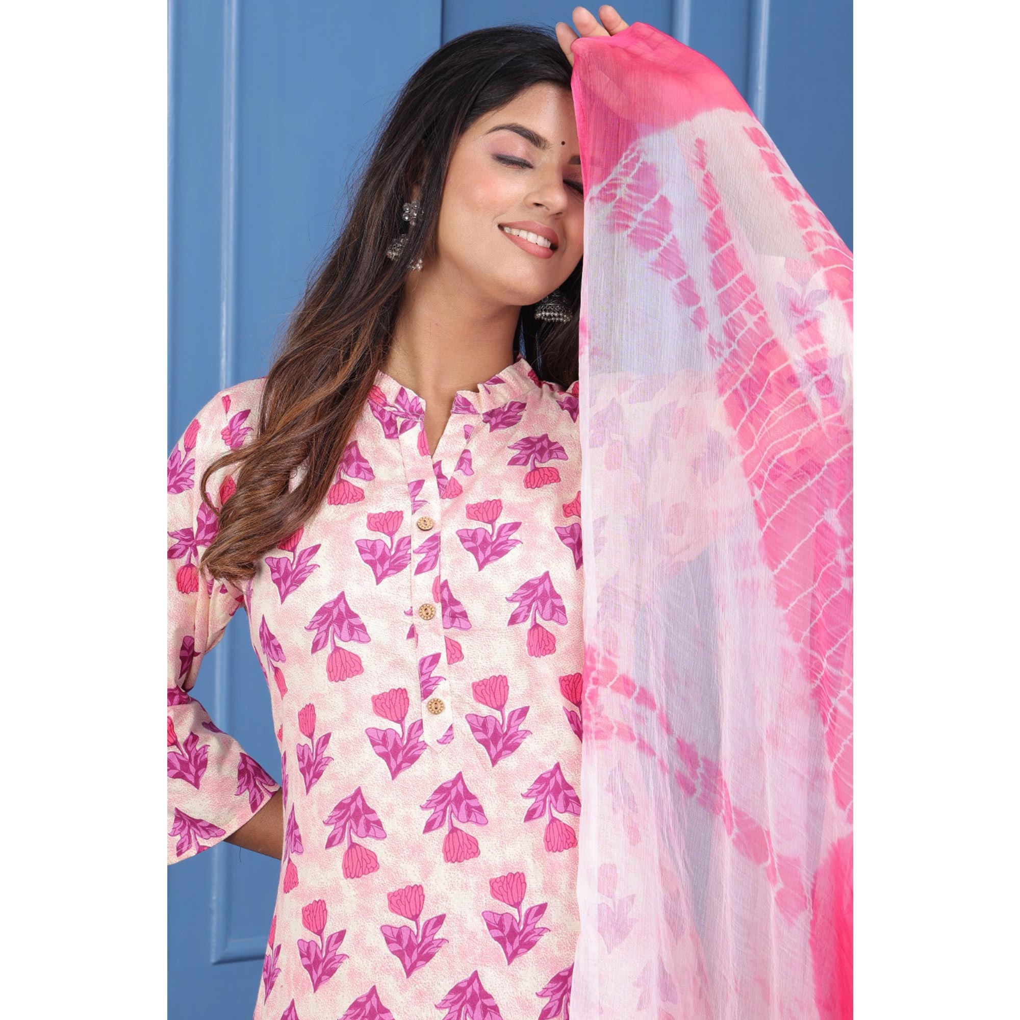Cream Pink Floral Printed Pure Cotton Suit