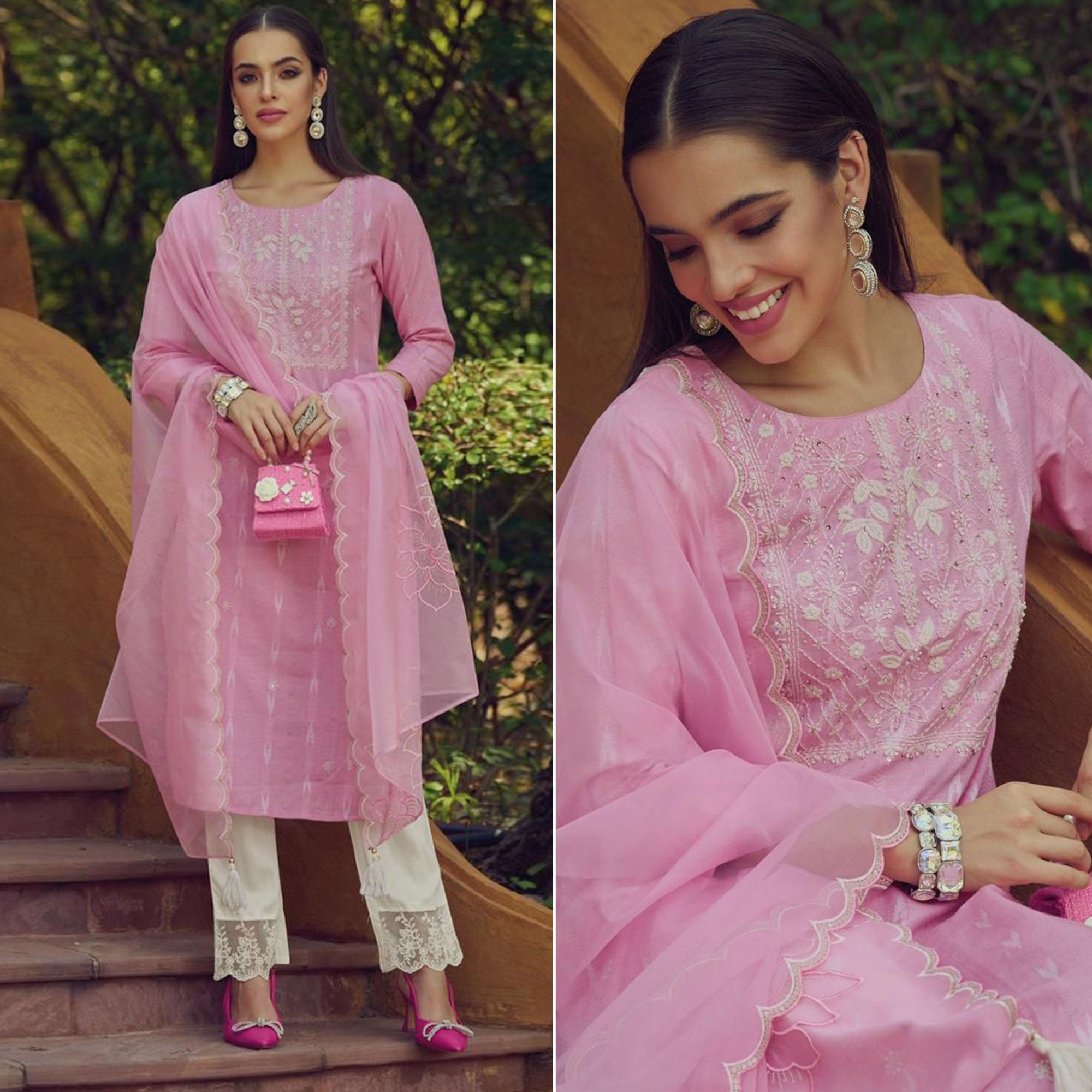 Pink Kantha Embroidered Linen Salwar Suit