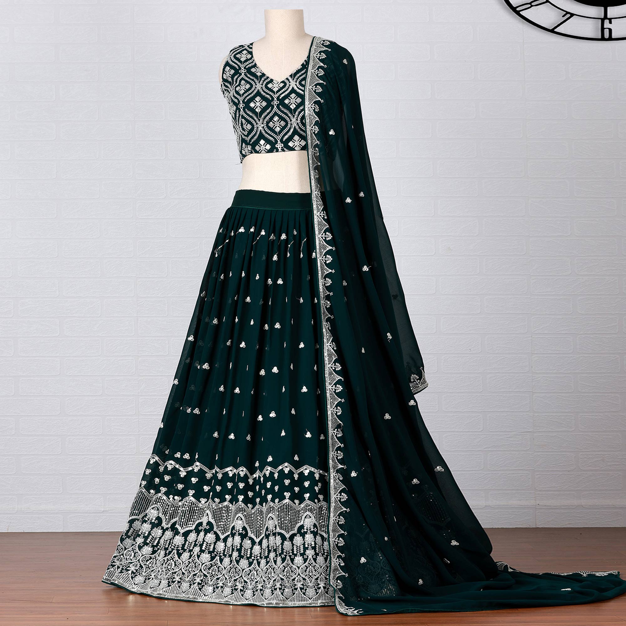 Teal Green Sequins Embroidered Georgette Lehenga Choli