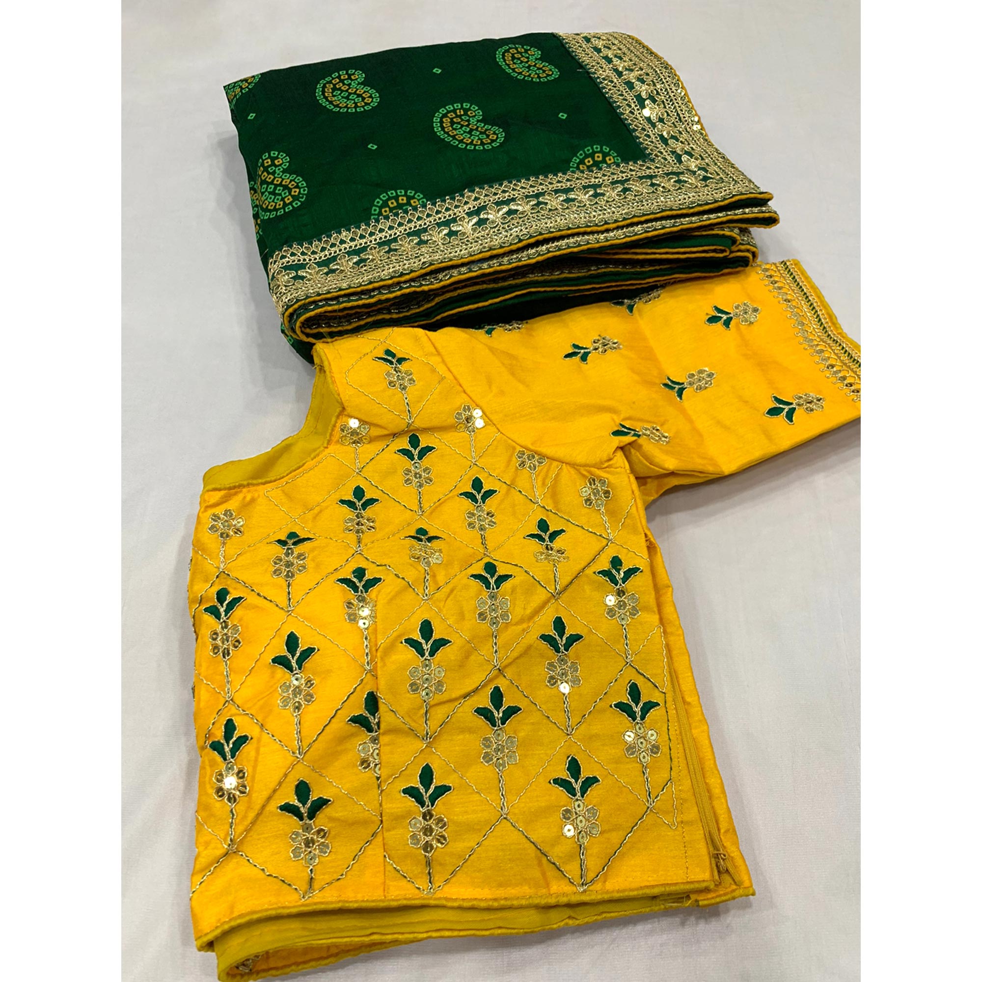 Green Bandhani Printed With Sequins Embroidered Vichitra Silk Saree