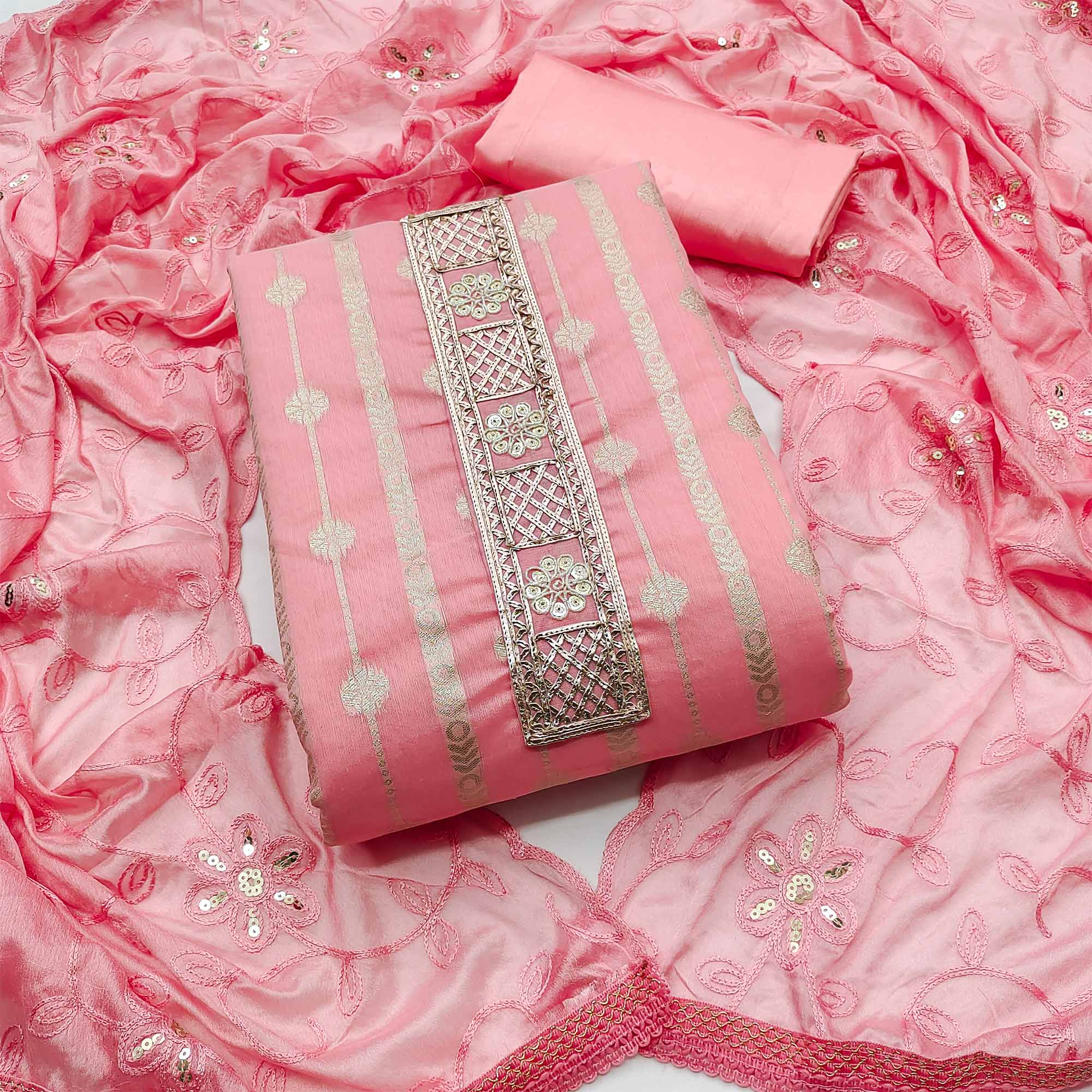 Pink Woven Banarasi Silk Dress Material