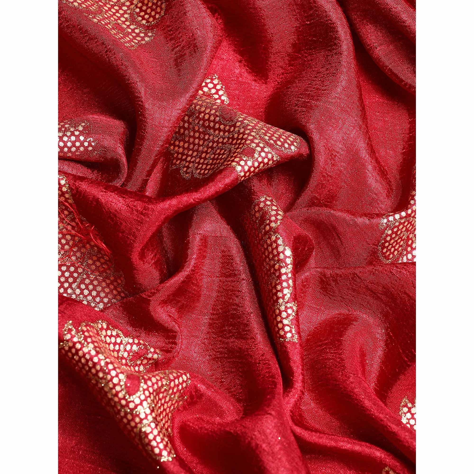 Maroon Floral Foil Printed Vichitra Silk Saree
