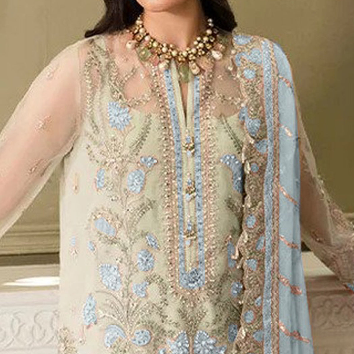 Pista Green And Blue Heavy Embroidered Georgette Pakistani Suit