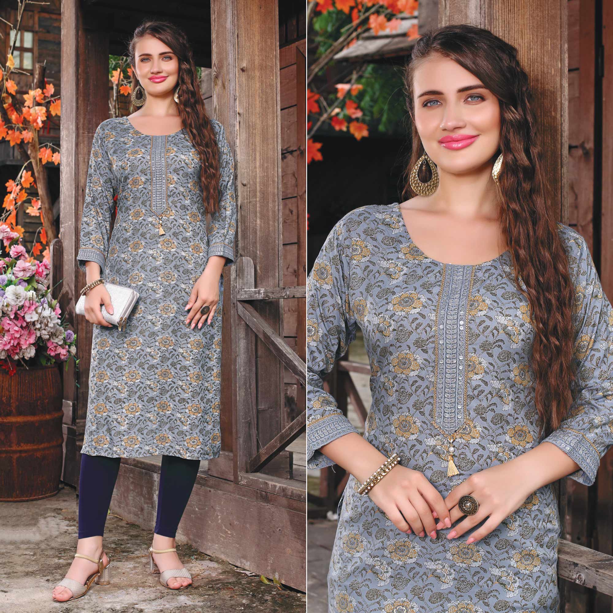 Light Grey Printed Muslin Kurti