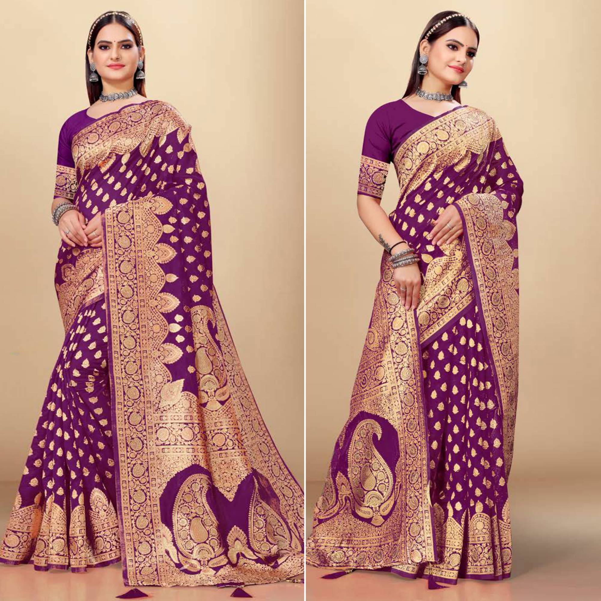 Purple Woven Art Silk Saree With Tassels