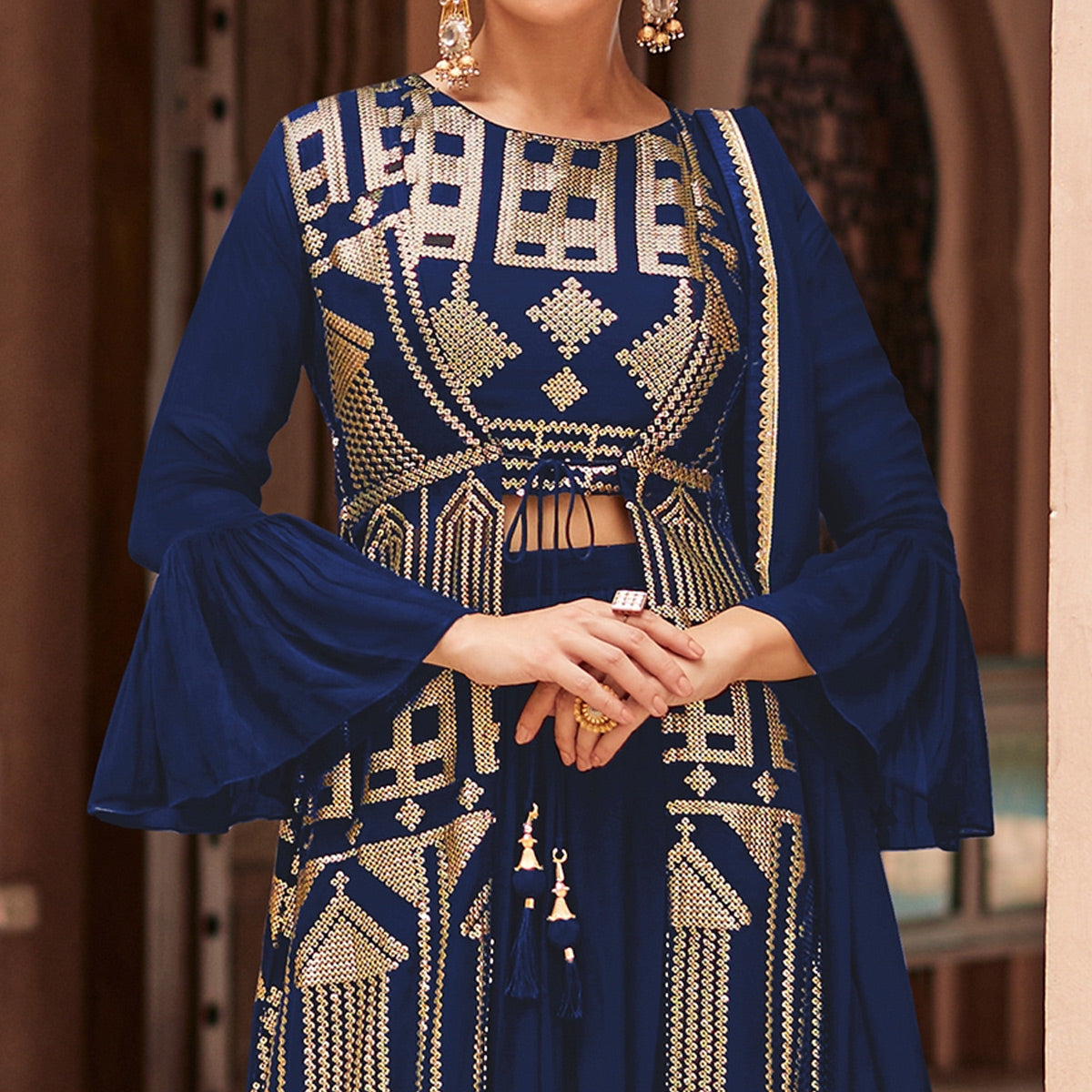 Blue Sequins Embroidered Georgette Sharara Choli With Jacket