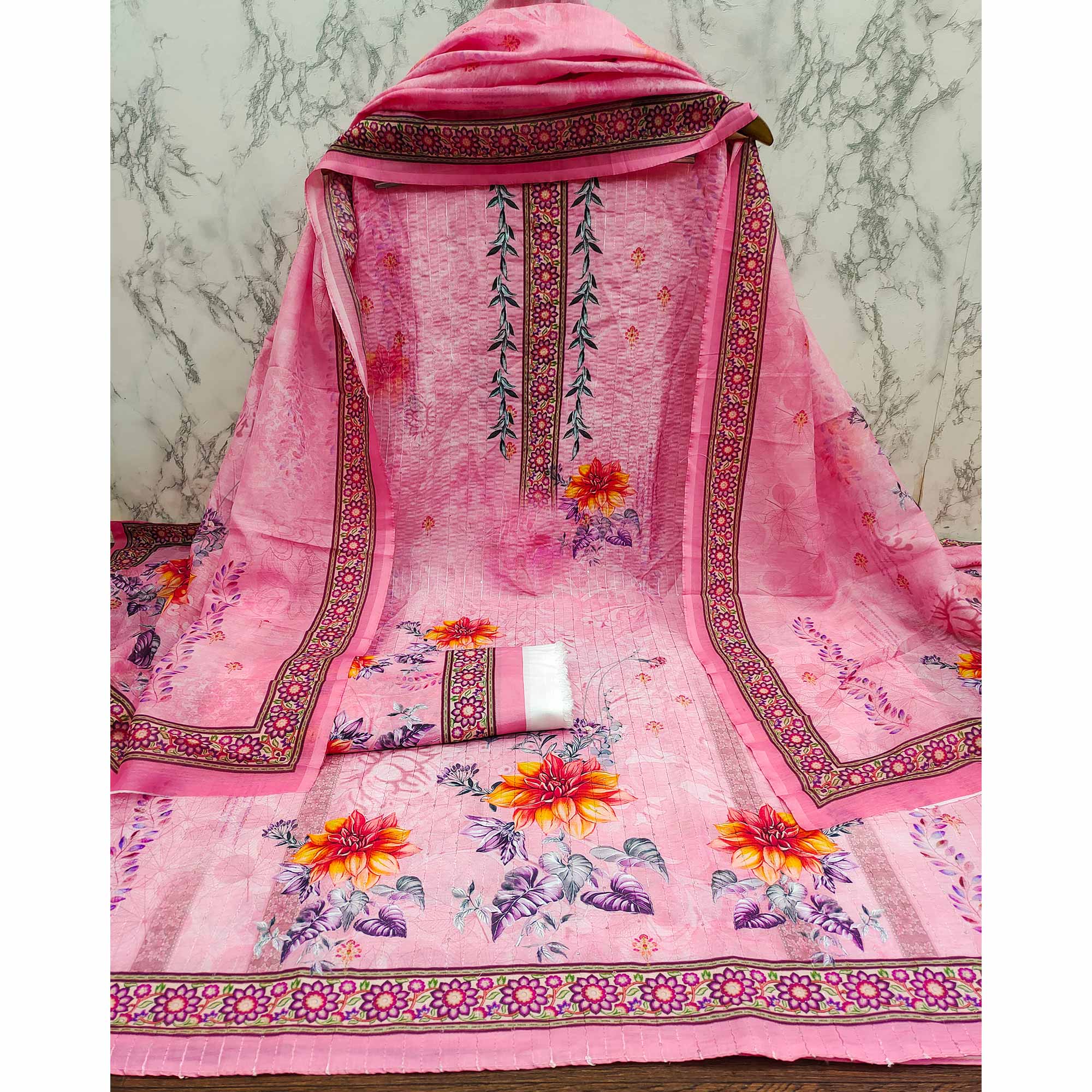 Pink Floral Digital Printed Muslin Dress Material