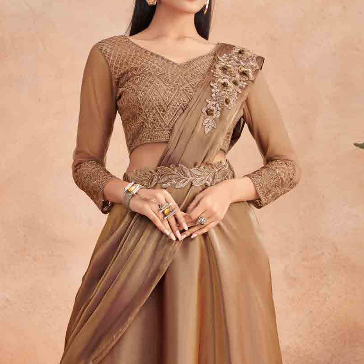 Brown Sequins Embroidered Ready to Wear Art silk saree