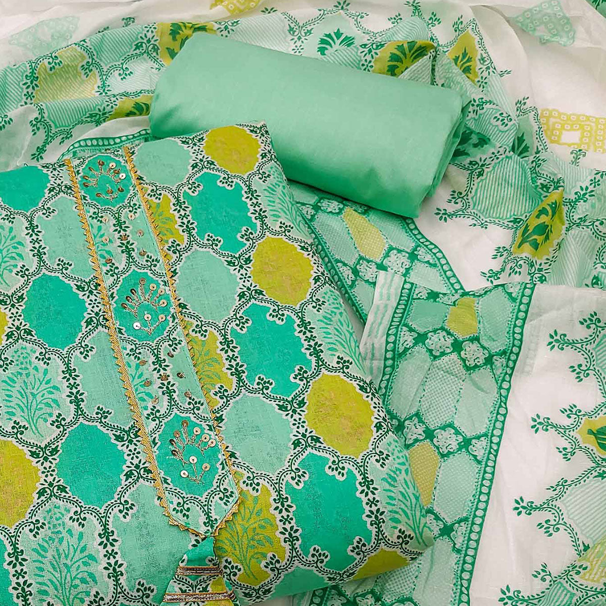 Green Printed Pure Cotton Dress Material